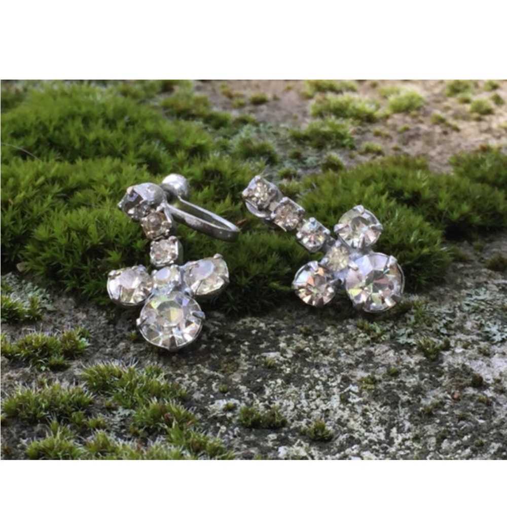 🖤VTG 50’s Clover Rhinestone Screw Back Dangle Drop Earrings